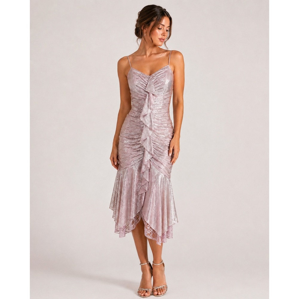 Metallic Ruffle New Leaf by Samir Cocktail Dress Disco Pink Silver Vintage